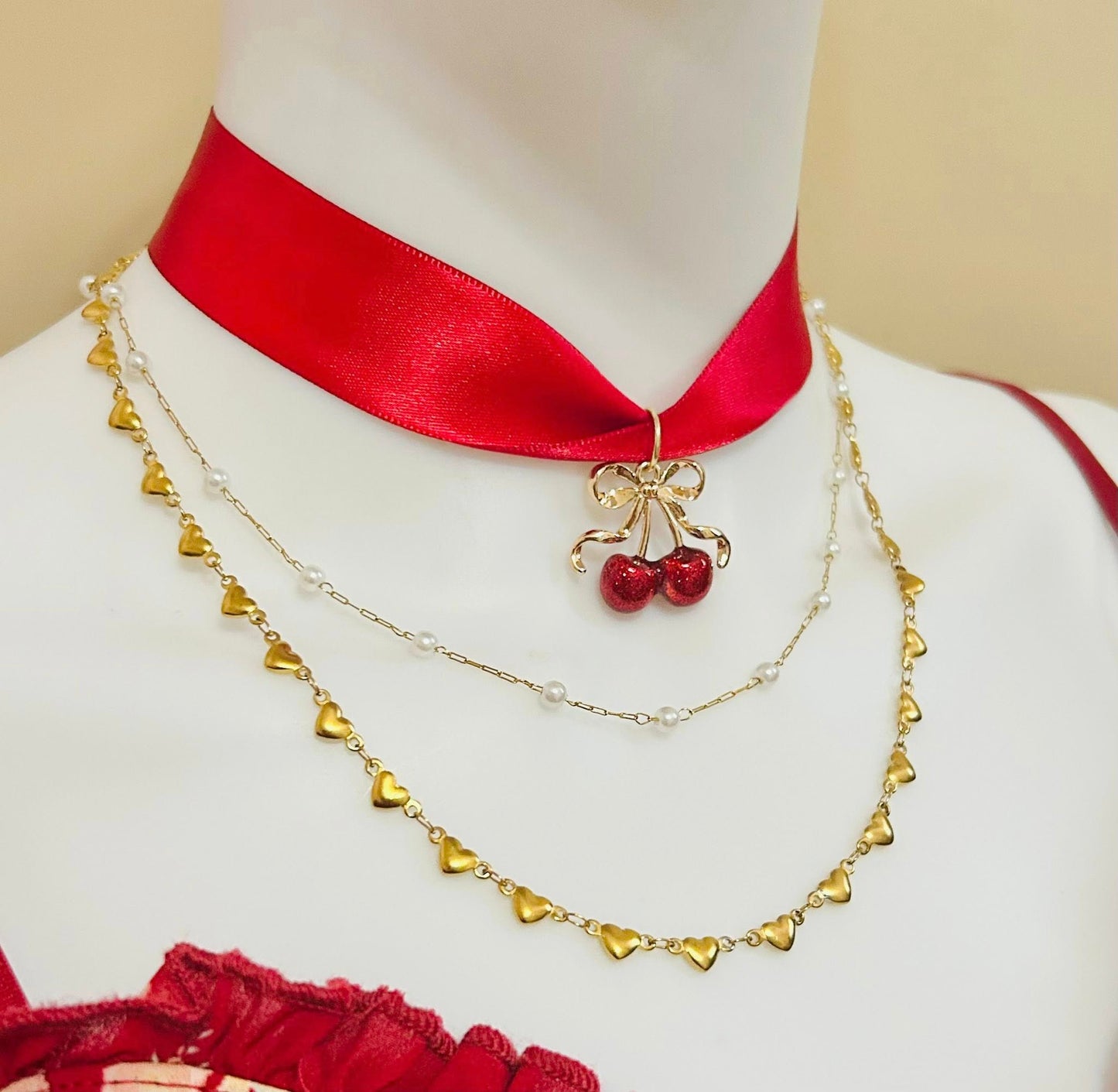 3 layer cherry necklace