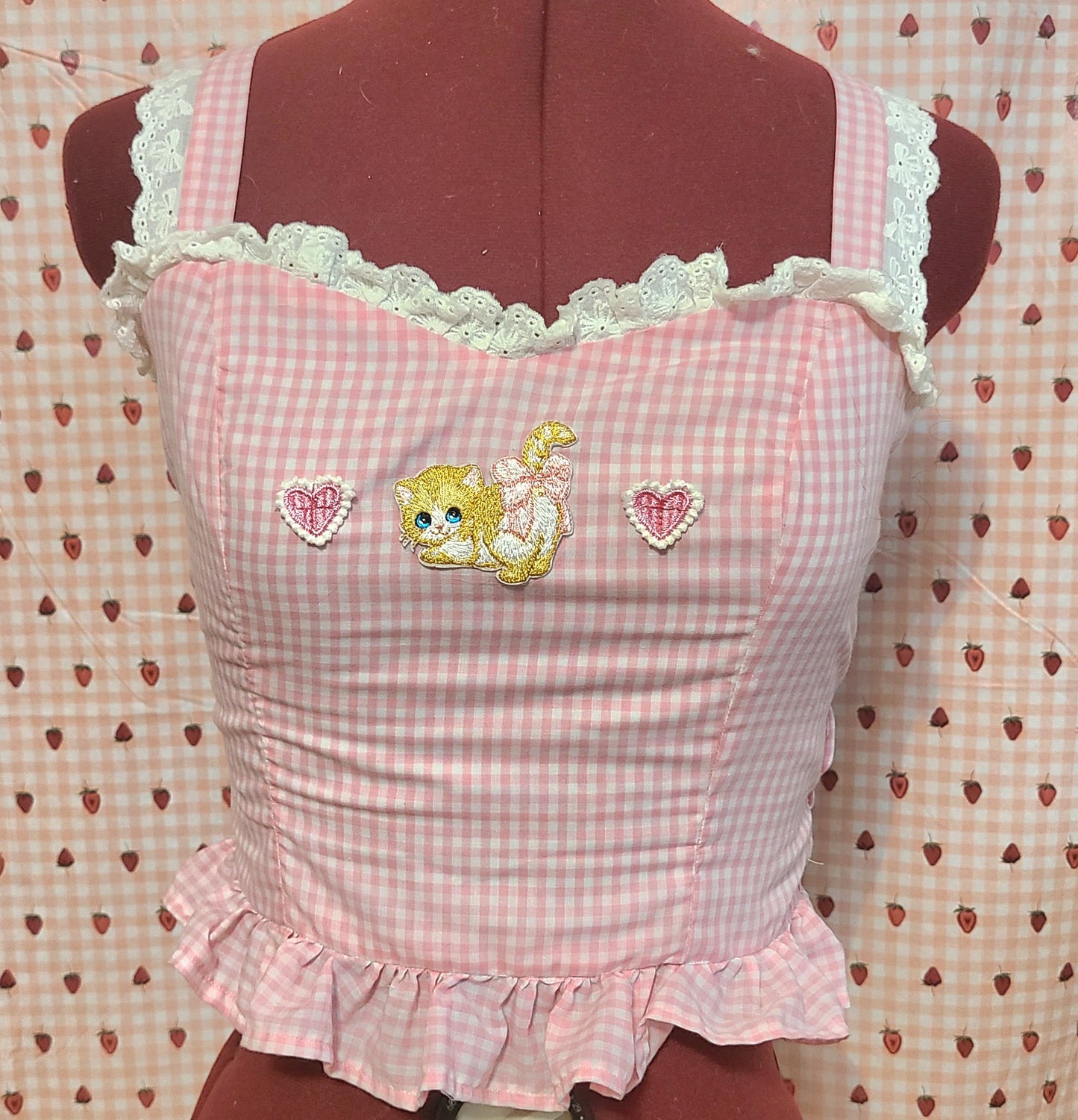 kawaii gingham kitten low crop tank top front view