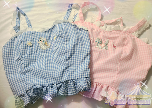 kawaii gingham kitten tops front view. blue and pink