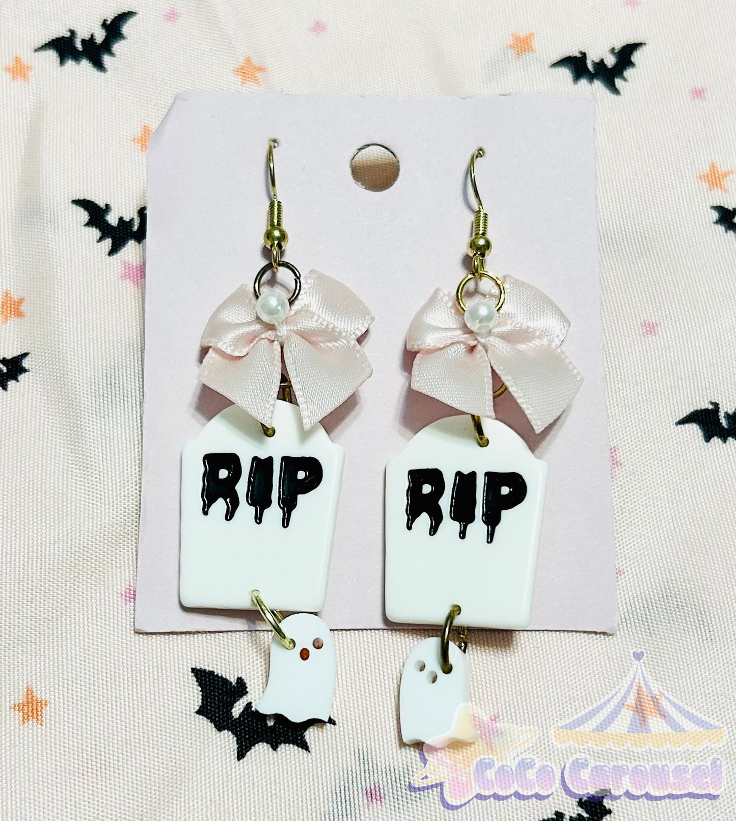 cute kawaii soft girl RIP Halloween ghost earrings front view