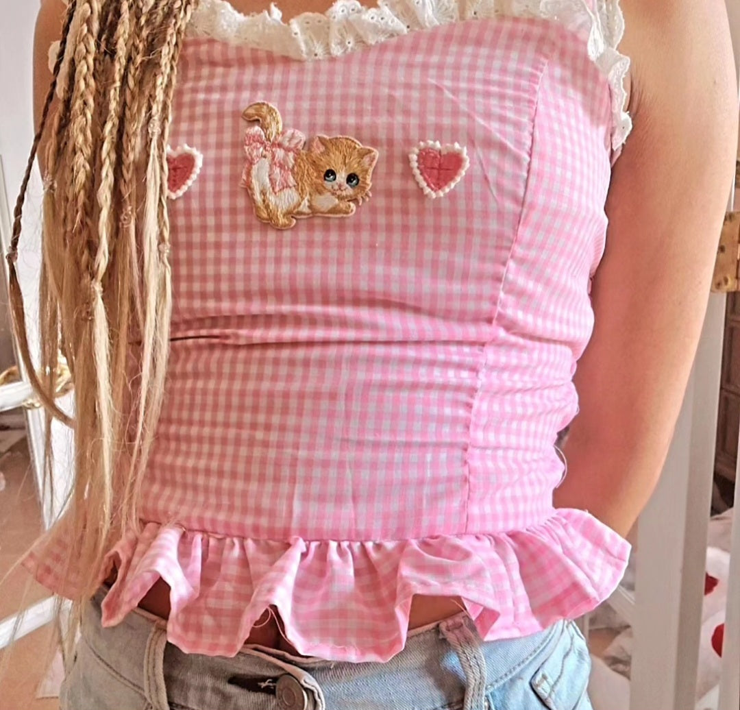 kawaii gingham kitten low crop tank top